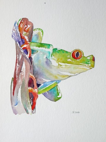 Aquarellbild eines grünen Frosches vor weissem Hintergrund